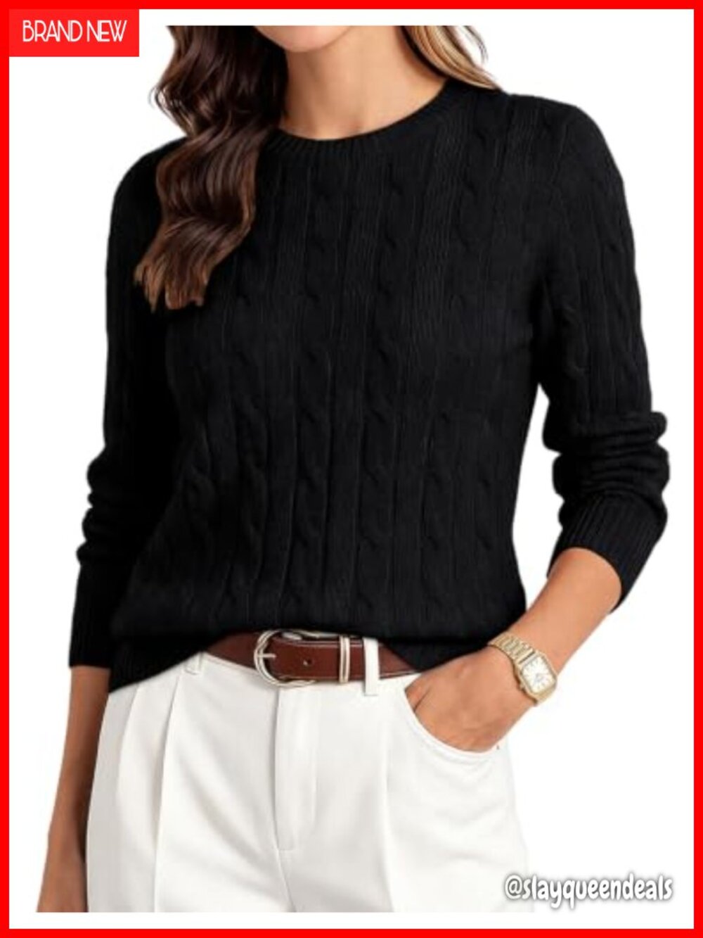 Merino Wool Cable Knit Crewneck Pullover Sweater